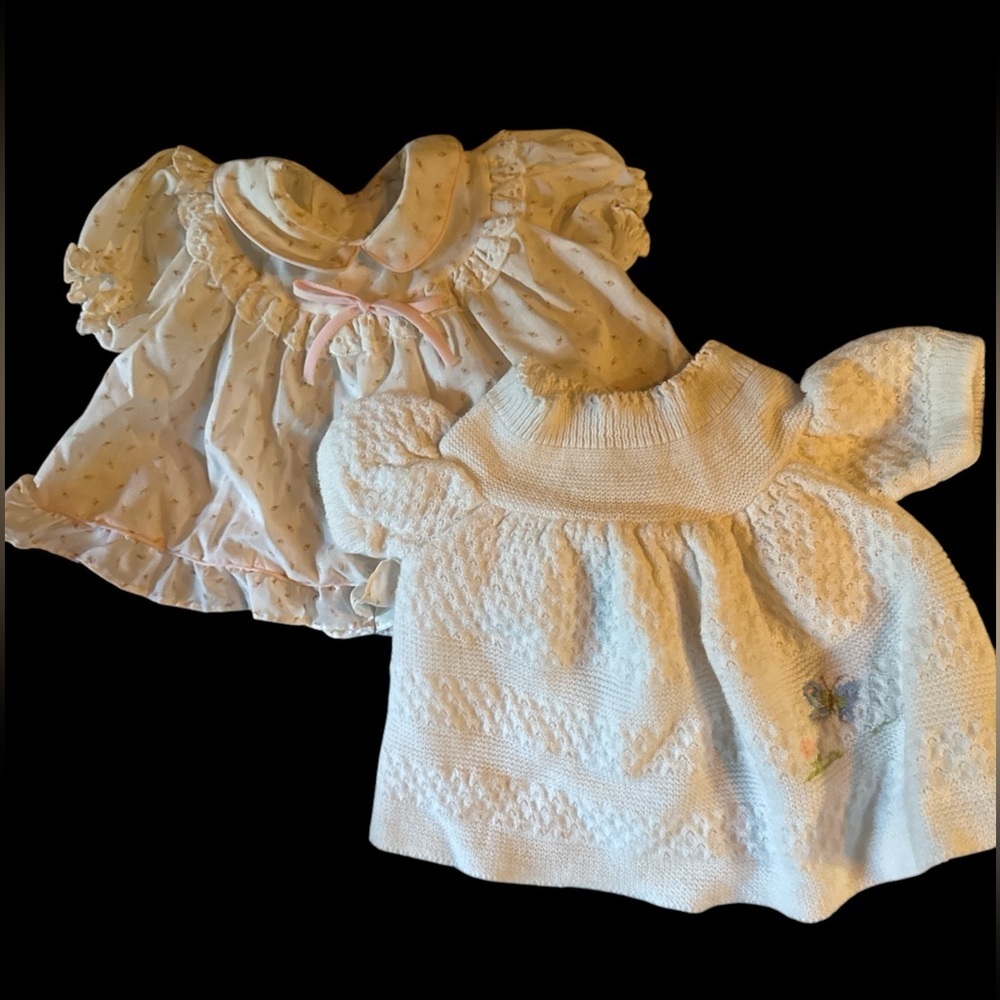Two Adorable Baby Dresses in White and Cream w/ asst booties